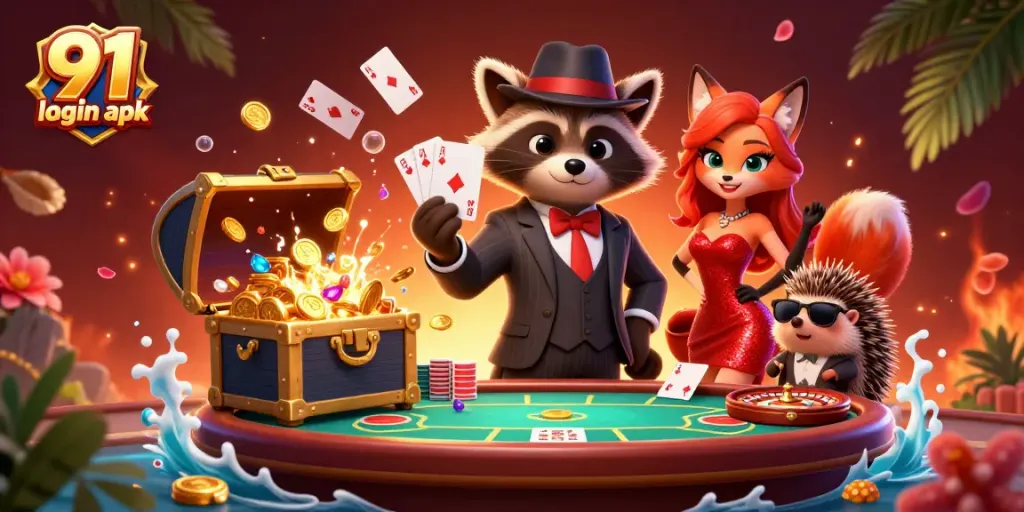 Engage in thrilling play with 91 club login apk, capturing a raccoon and companions in an energetic gambling scene.