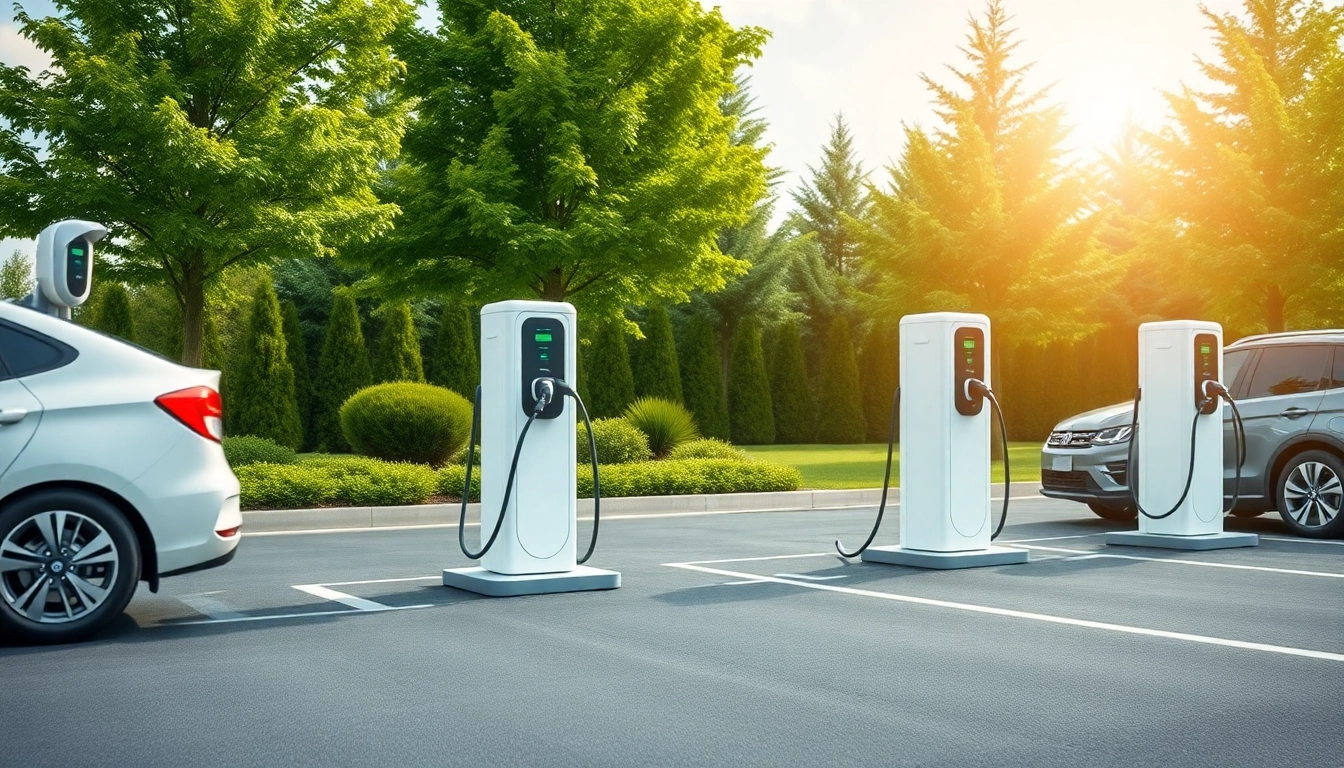 EV Charging Installation showcasing modern electric vehicle chargers with vibrant green surroundings.