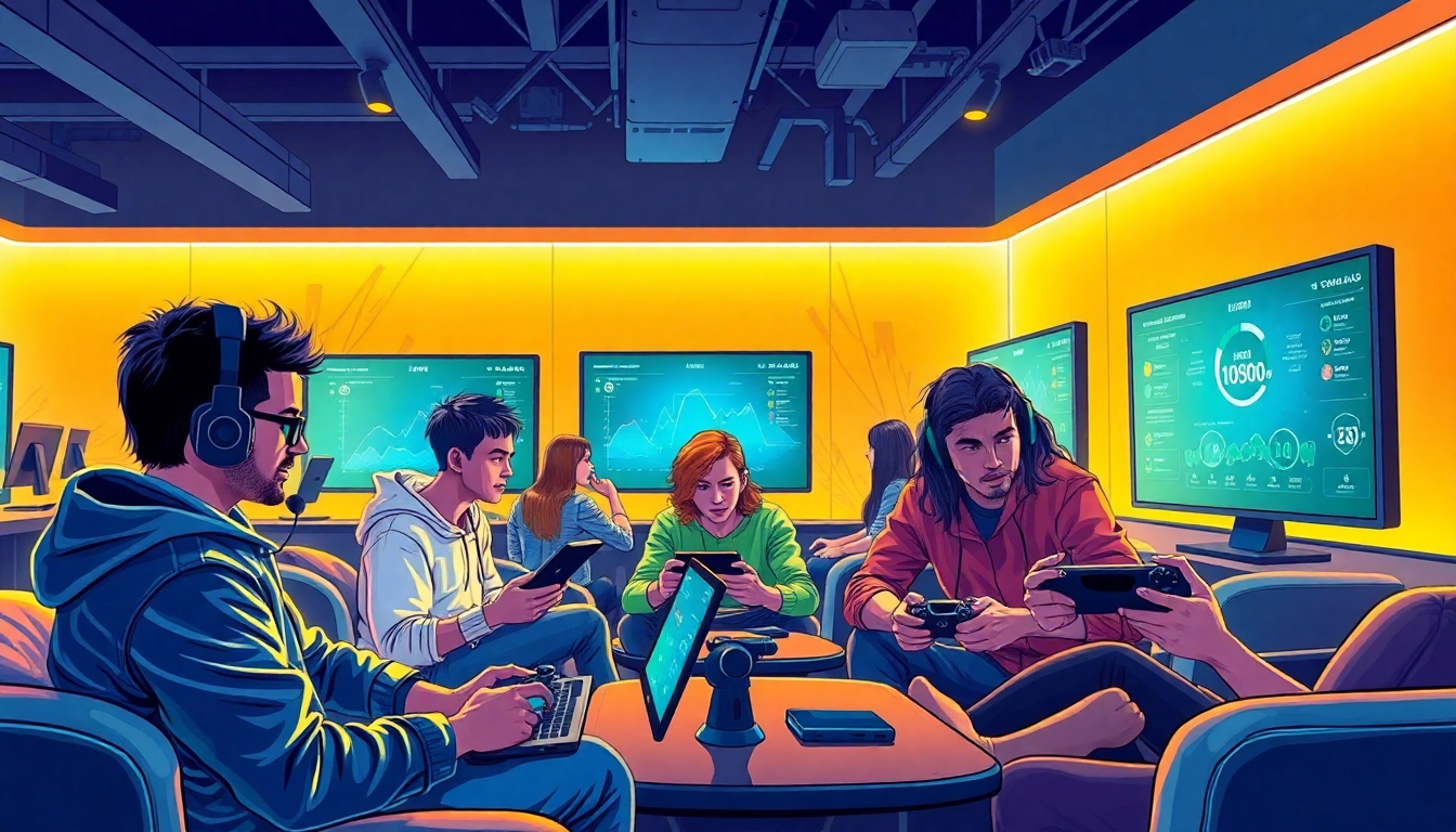 Gamers exploring industry trends in a modern gaming lounge setting.
