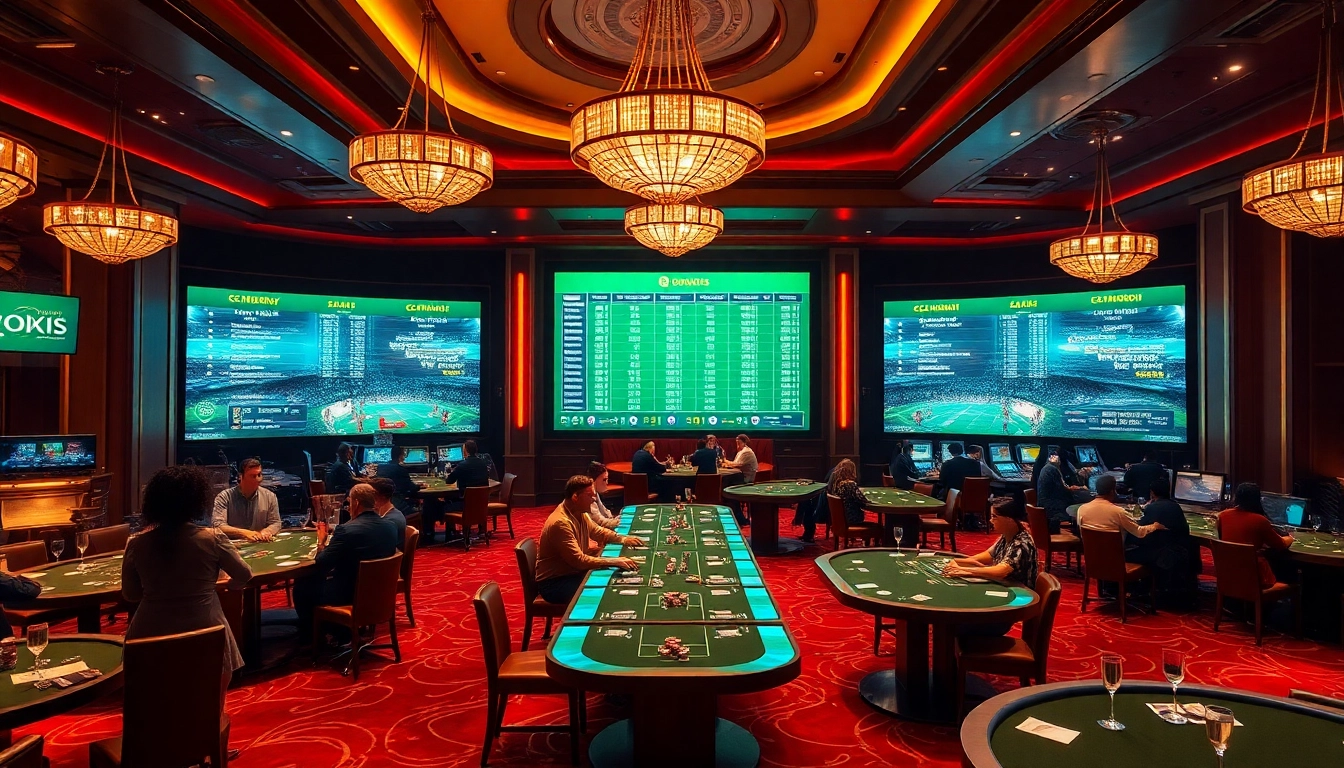 Kèo Bóng Đá betting enthusiasts enjoying a thrilling casino atmosphere with vibrant odds displays.