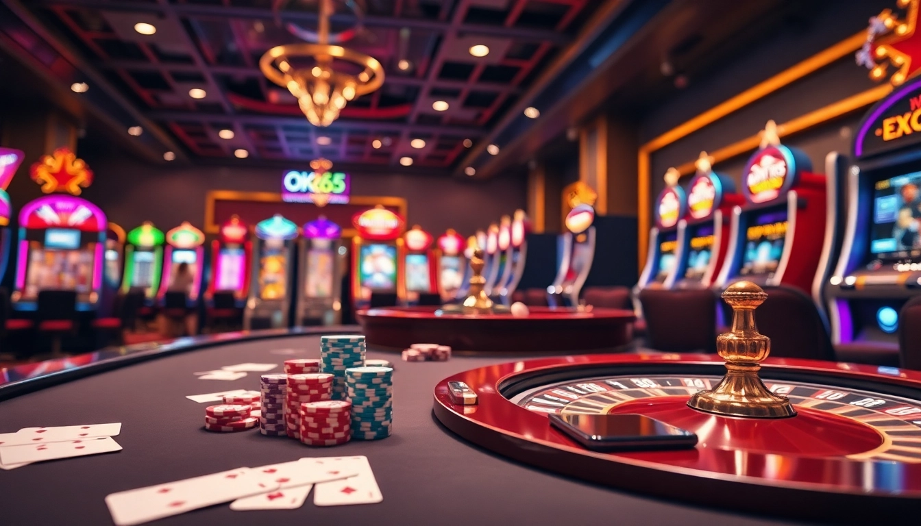 Celebrate the excitement of winning at OK365 link with a visually enticing casino scene featuring poker, roulette, and slot machines.