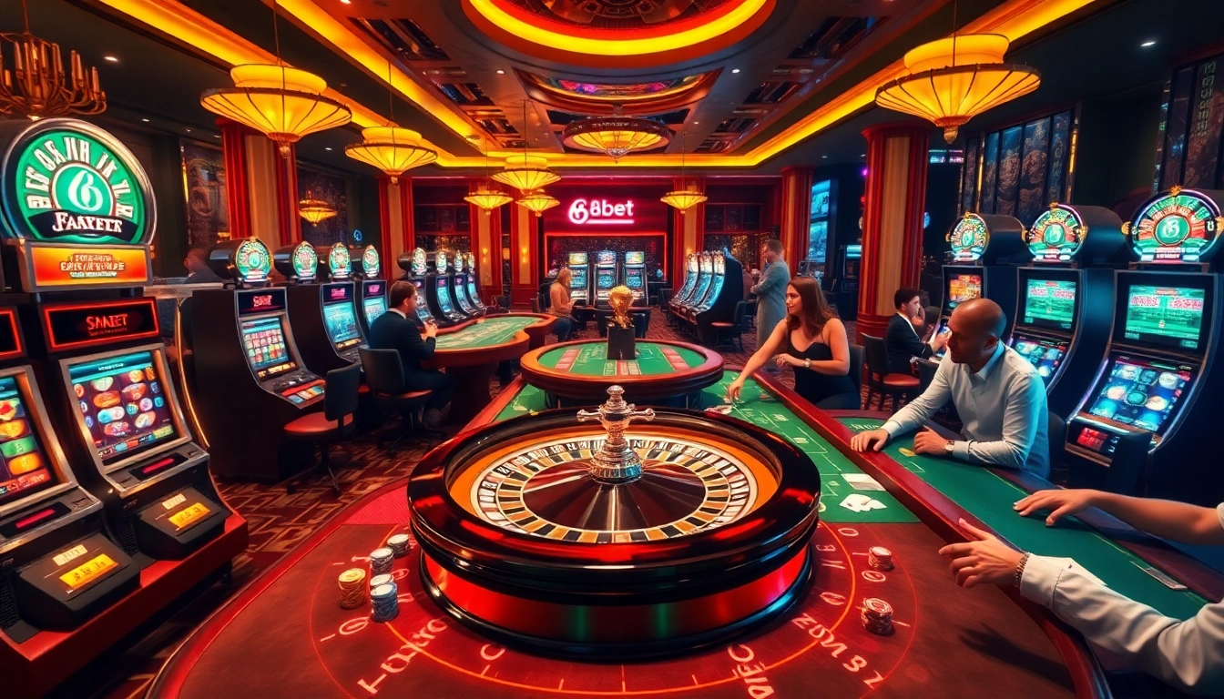Experience the excitement of F8bet casino with dynamic players at poker tables and shining slot machines.