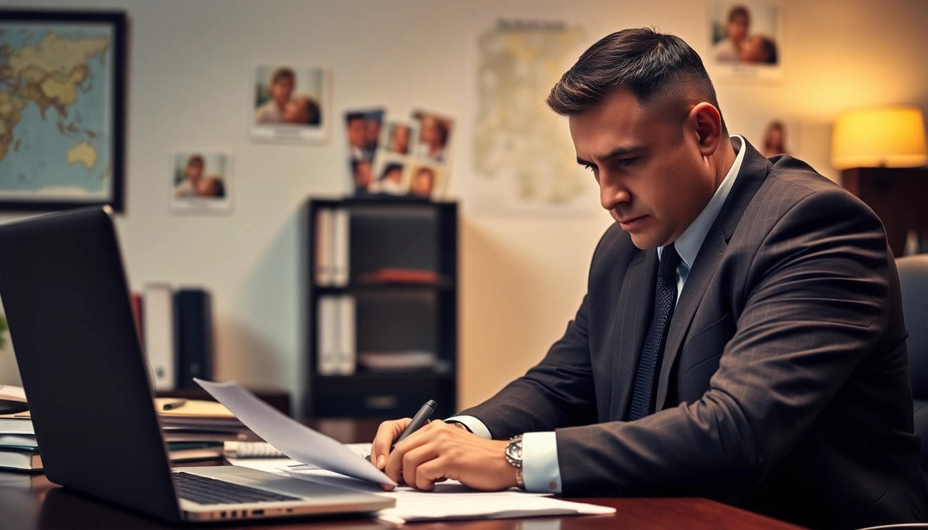 Engaged in an infidelity private investigation, a focused private investigator reviews case documents in an office.