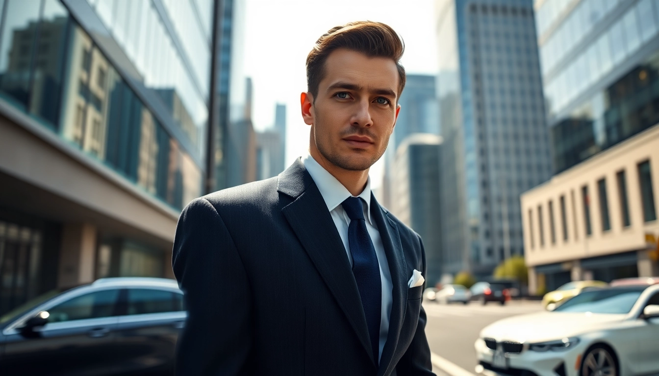 Wearing a stylish Hugo Boss suit, this model embodies elegance in a vibrant urban environment.
