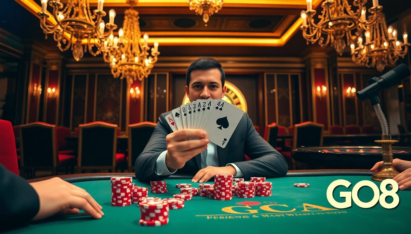 GO8 casino player winning at poker table with chips and roulette wheel