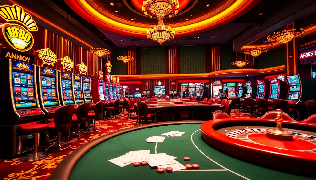 AF88 players enjoying vibrant slot machines and poker tables in a luxurious casino.
