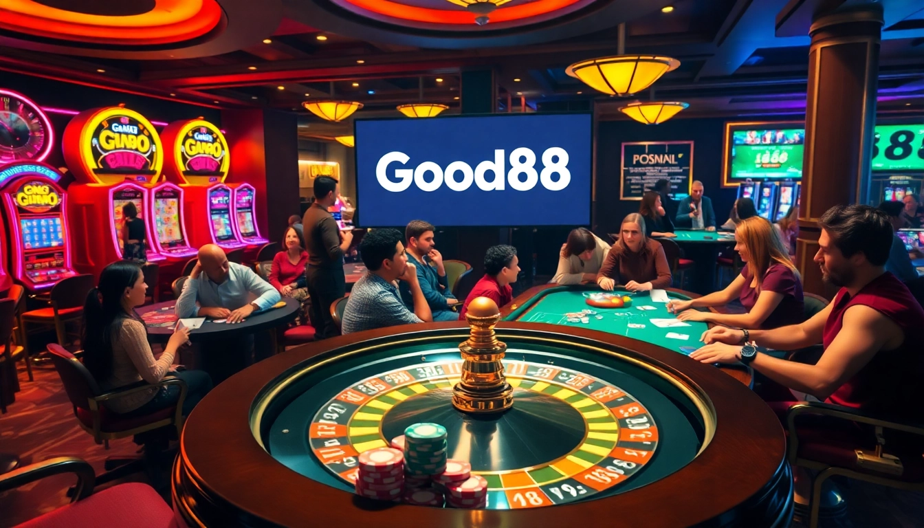 Good88 casino excitement with players at roulette wheel and poker table.