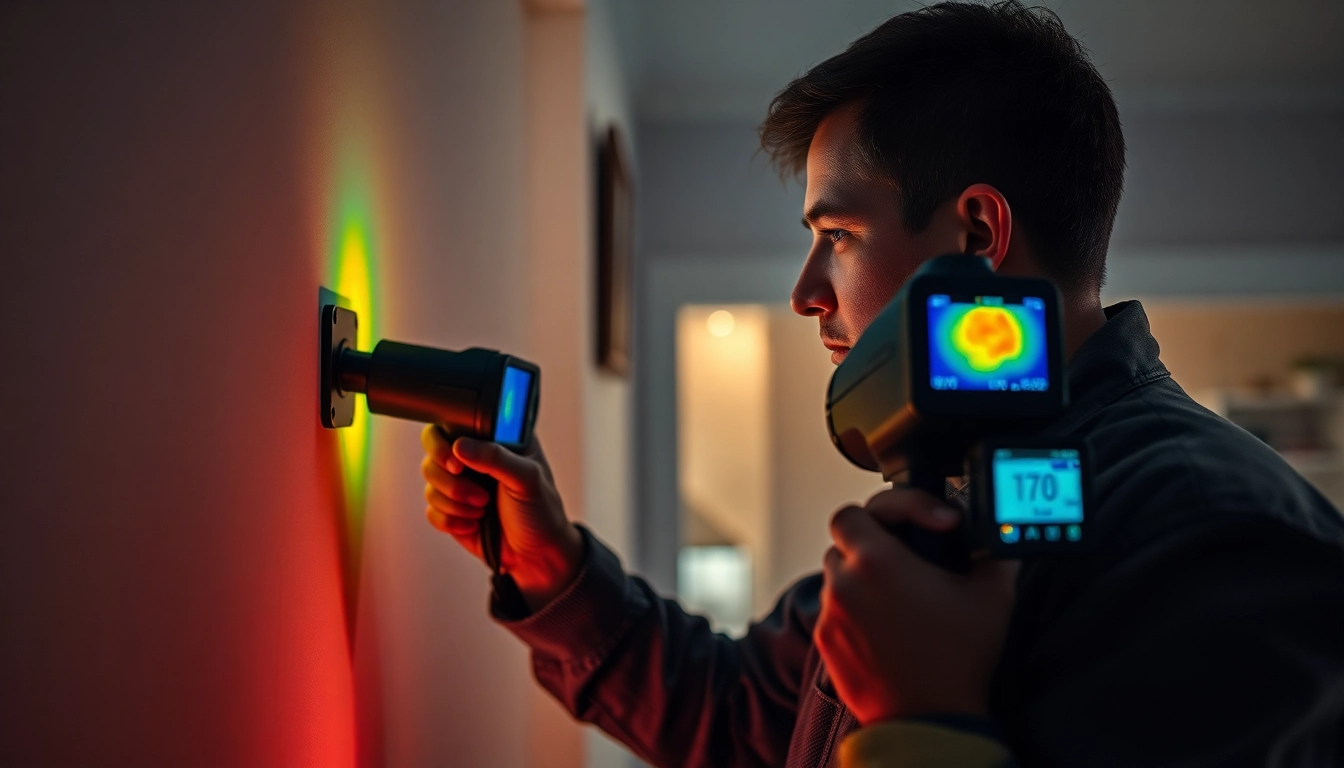 Technician performing hidden leak detection using thermal imaging technology in a domestic setting.