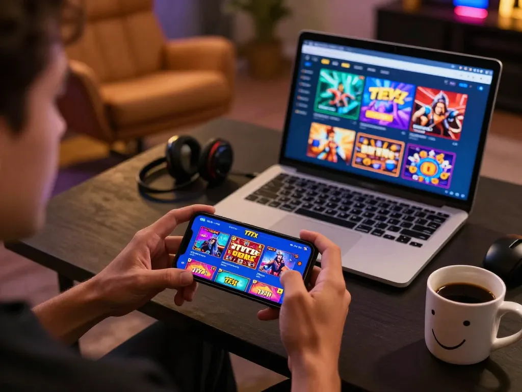 Player using 777x mobile app for online casino gaming, showcasing vibrant interface and strategic accessories.