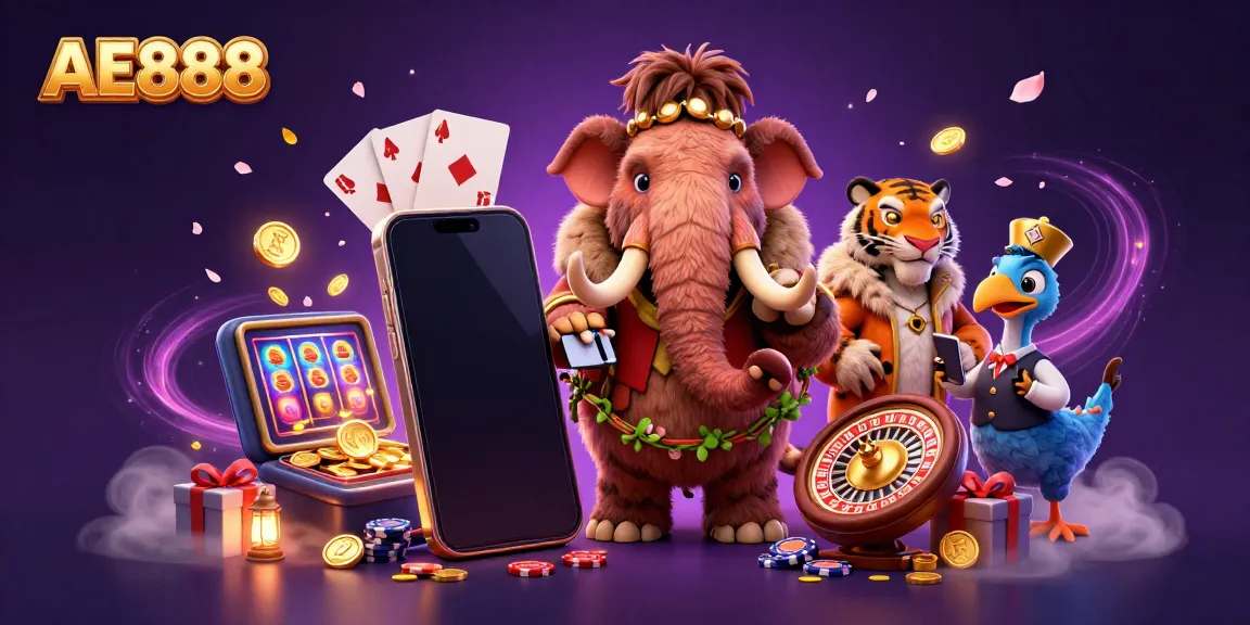 Experience the excitement of AE888 with a lively casino scene featuring a mammoth bouncer, VIP tiger guest, and colorful gaming elements.