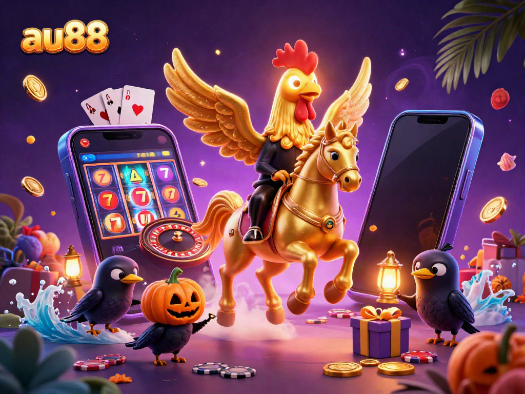 Experience the thrill of au88 as a golden rooster in a vibrant casino scene with dynamic gaming elements.