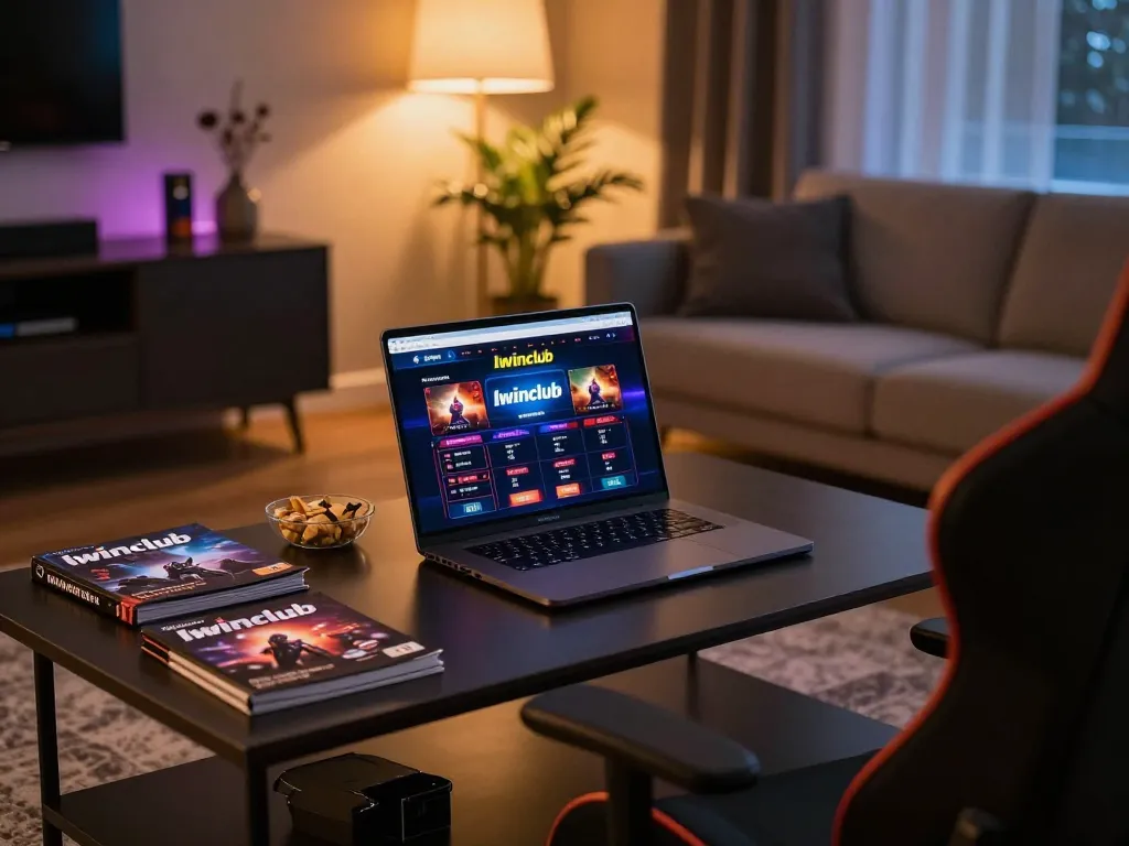 Engaging Iwinclub gaming session on a sleek laptop showcasing online casino interface in a cozy home setting.