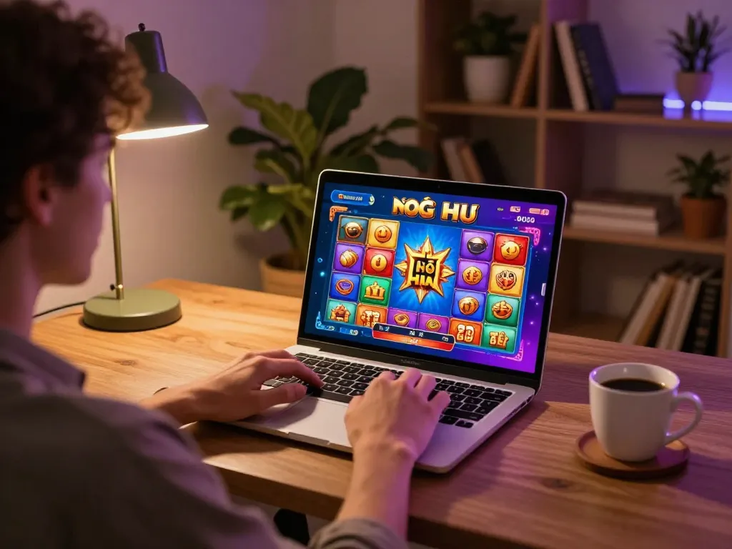 Engaging player enjoying an online nổ hũ game on a laptop at home, showcasing responsible gambling.