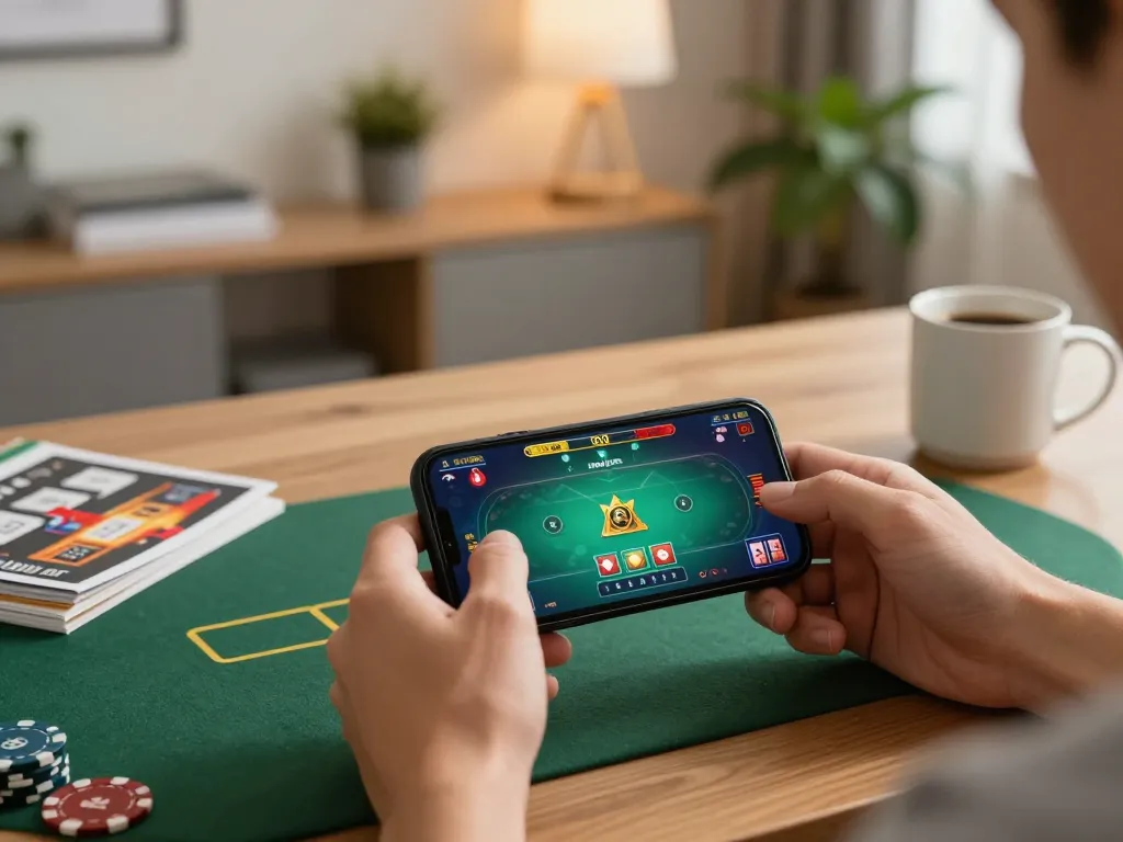 HB88 gaming experience with a player enjoying poker on their smartphone in a cozy home setup