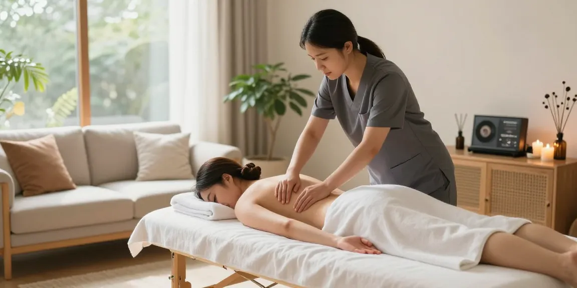 Experience bliss with a professional 모란출장마사지 in a soothing home environment, surrounded by calming elements like candles and essential oils.