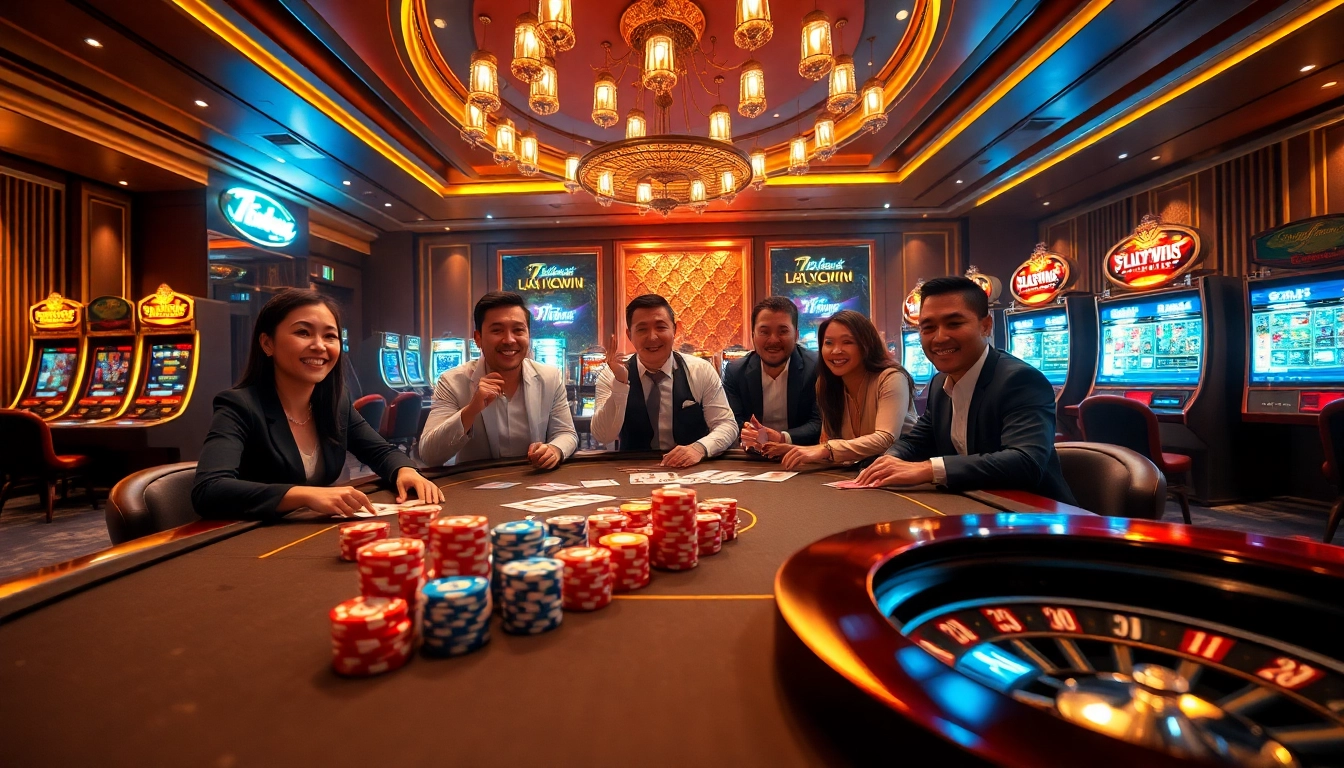 Exciting casino scene at 789win club with poker table, chips, and slot machines illuminating the atmosphere.