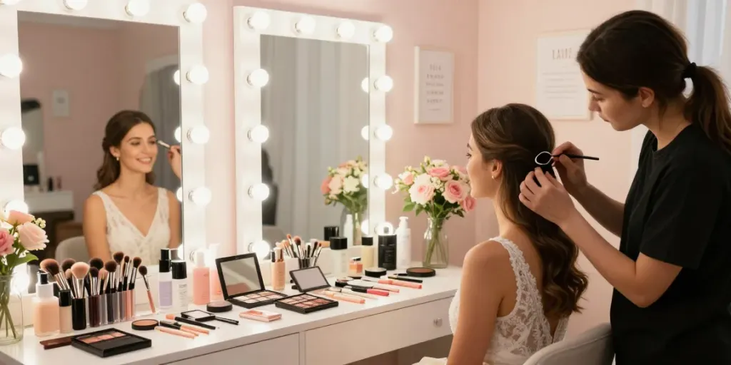 Makeup Artist Colchester applying beautiful bridal makeup in an elegant studio.