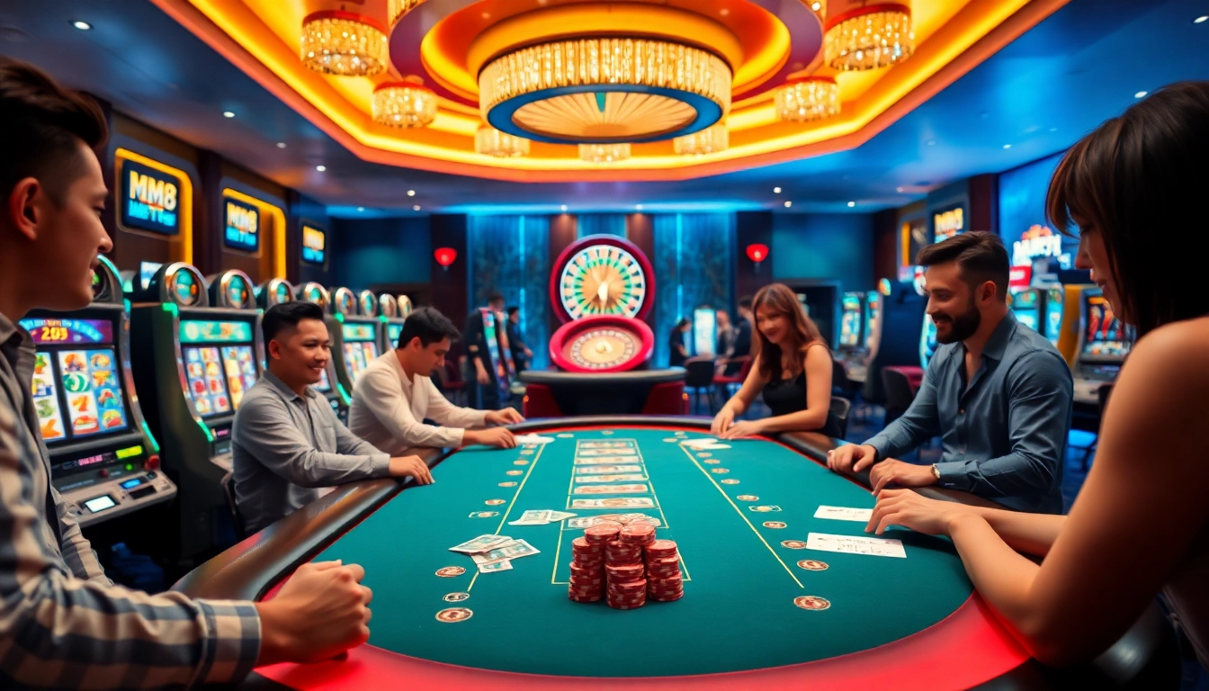 Experience thrilling moments at MM88 casino with players cheering at a poker table.