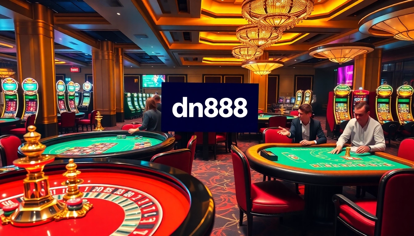 Players enjoying high-stakes gaming in a luxurious casino atmosphere, featuring dn888 branding.