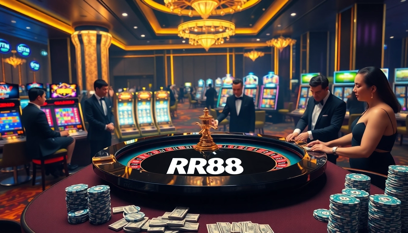 Exciting RR88 casino experience with a luxury roulette table and vibrant atmosphere.