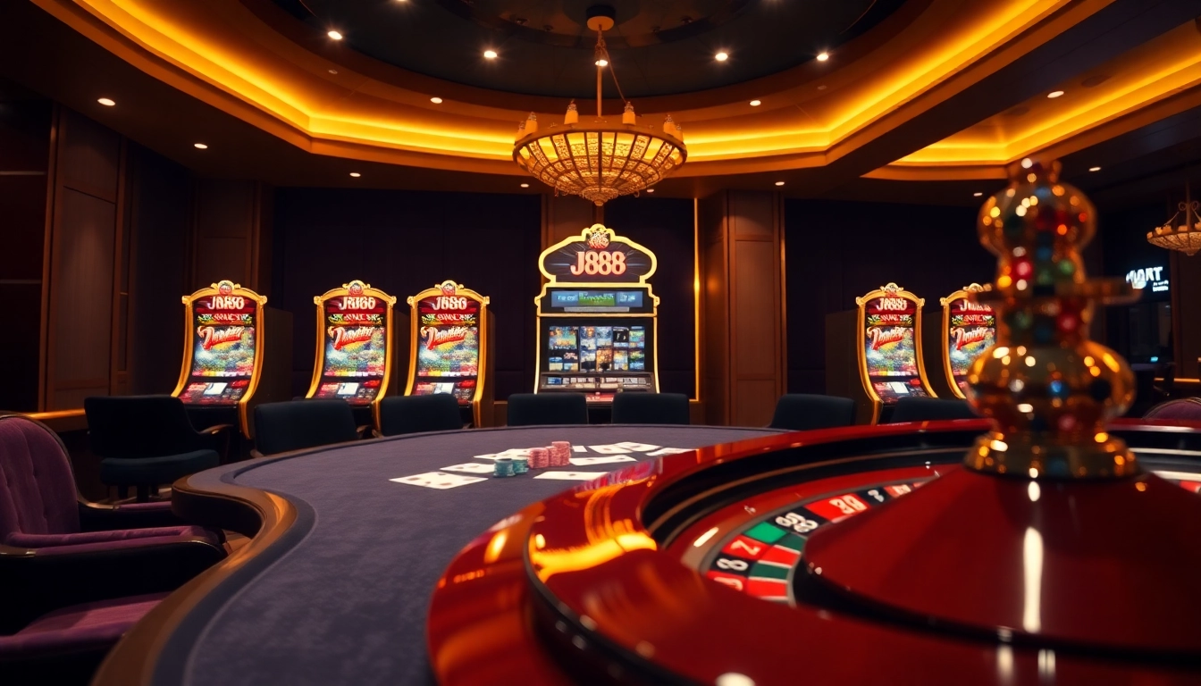 Experience the thrill of j888 with vibrant slot machines and an elegant poker setup.