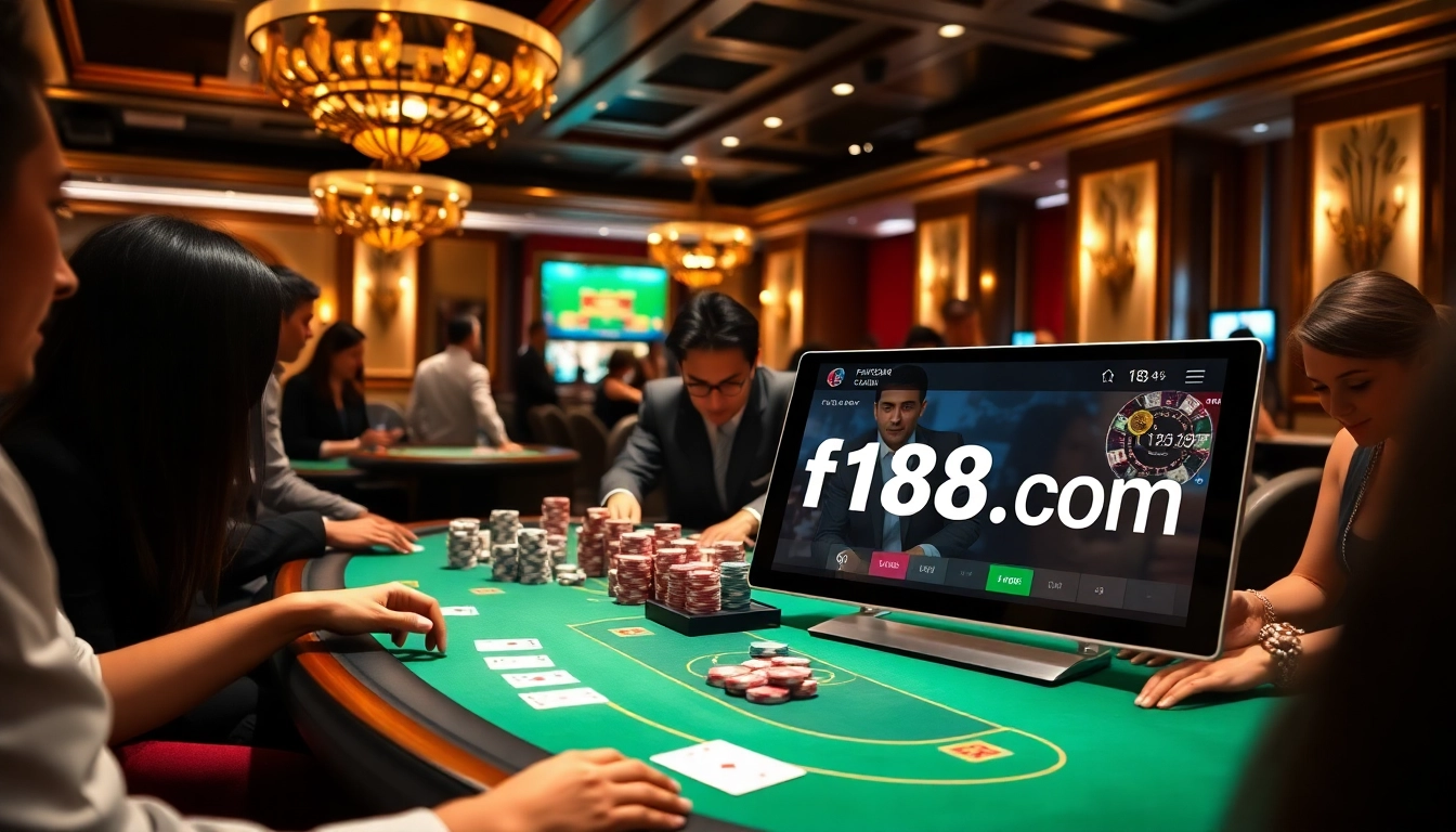 Exciting casino ambiance showcasing f168.com gaming with dealers and vibrant poker chips.