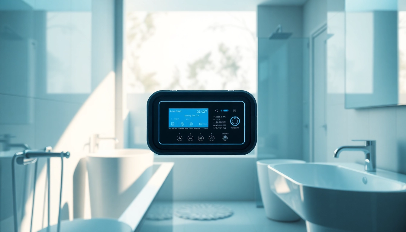 Showcasing a Mains Water Leak Detection system in a modern bathroom featuring sleek design and advanced technology.