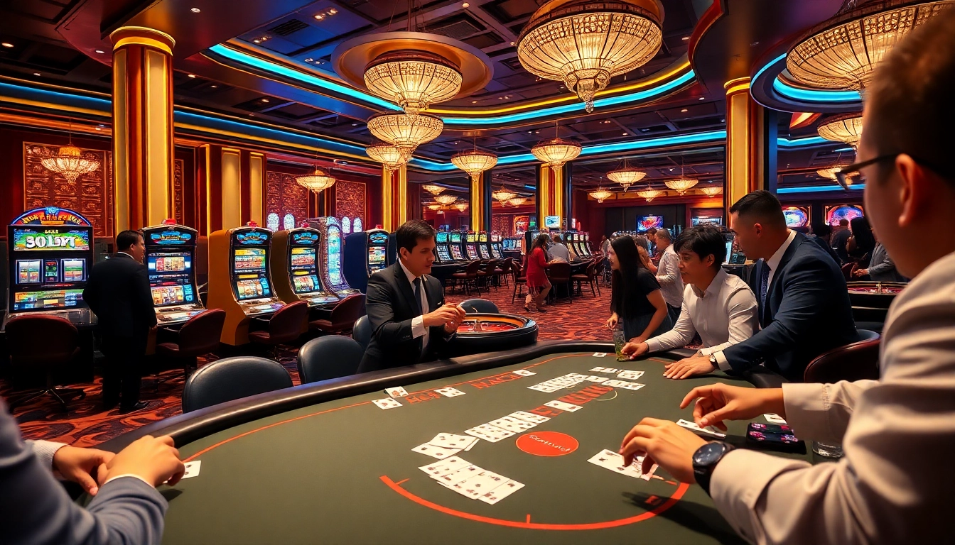 View of HITCLUB casino gaming area with excited players and vibrant slot machines.