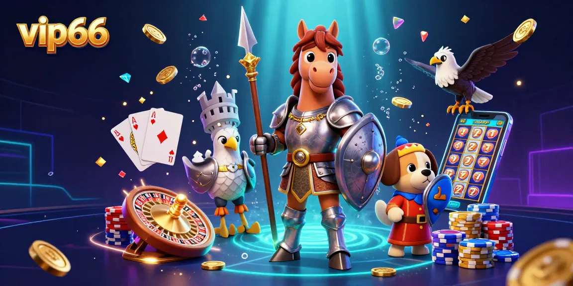 Experience the thrilling world of vip66 with an epic 3D knight, playful puppy, and falcon amidst vibrant casino elements.