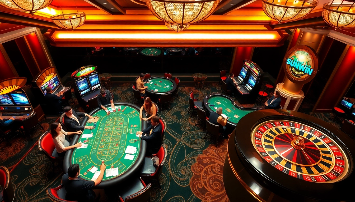 Action-packed scene at a SUNWIN casino with players at poker tables and vibrant slot machines.