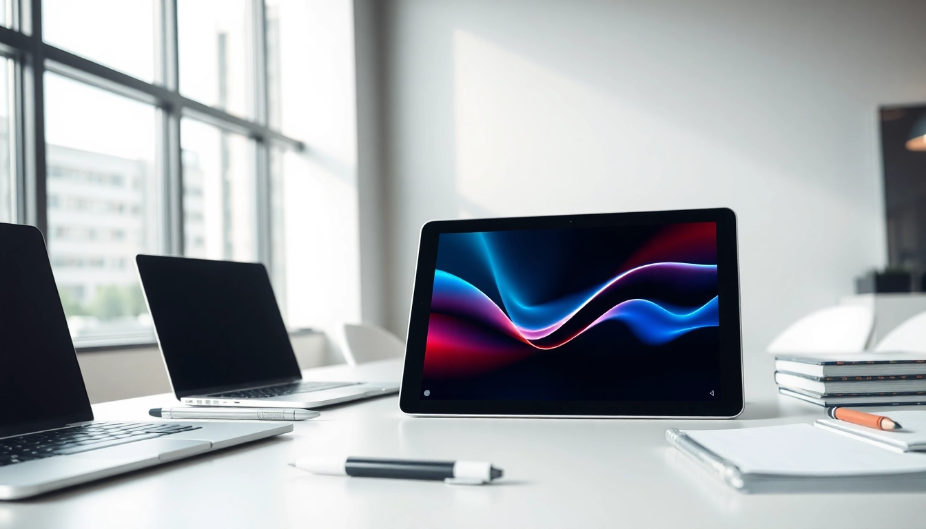 K88 tablet displayed on a modern office desk, showcasing a vibrant screen and professional workspace.