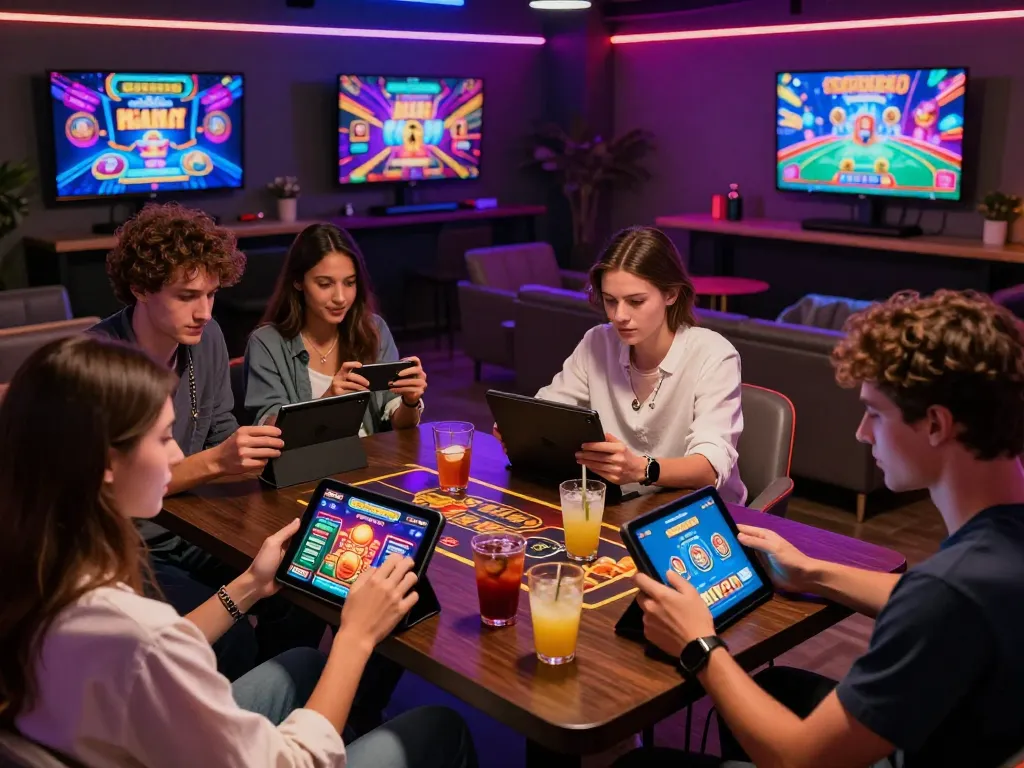 Friends enjoying 娛樂城 games in a vibrant online gaming lounge with colorful screens.