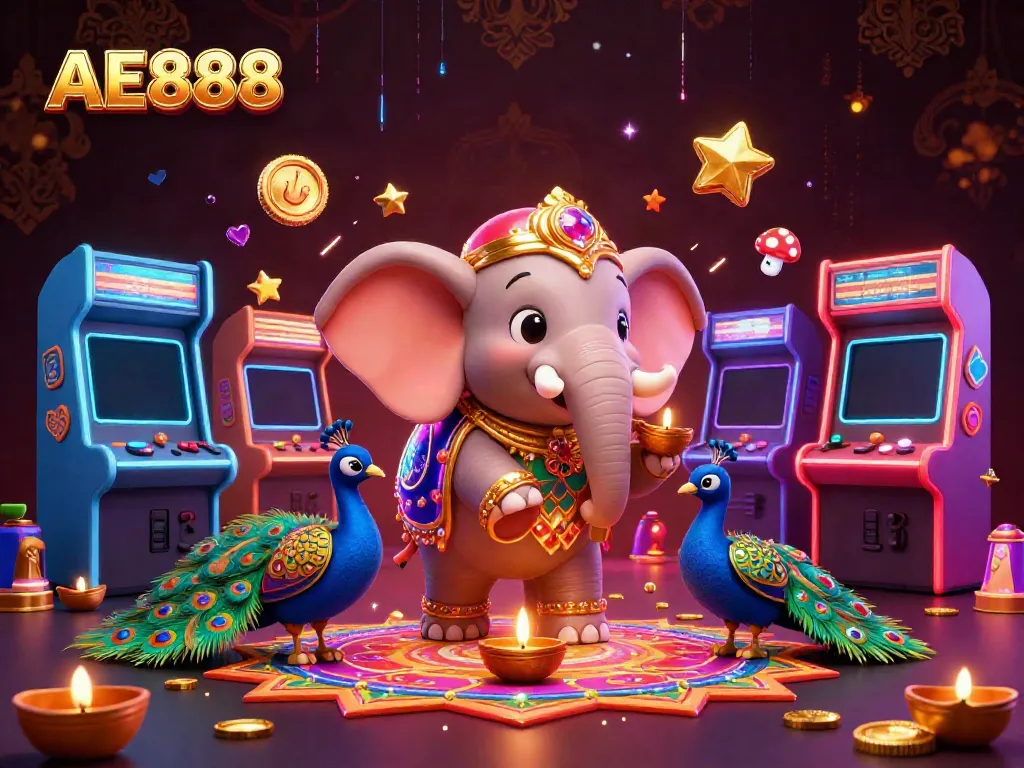 Experience the vibrant excitement of AE888 with cartoon characters amidst dynamic gaming elements.
