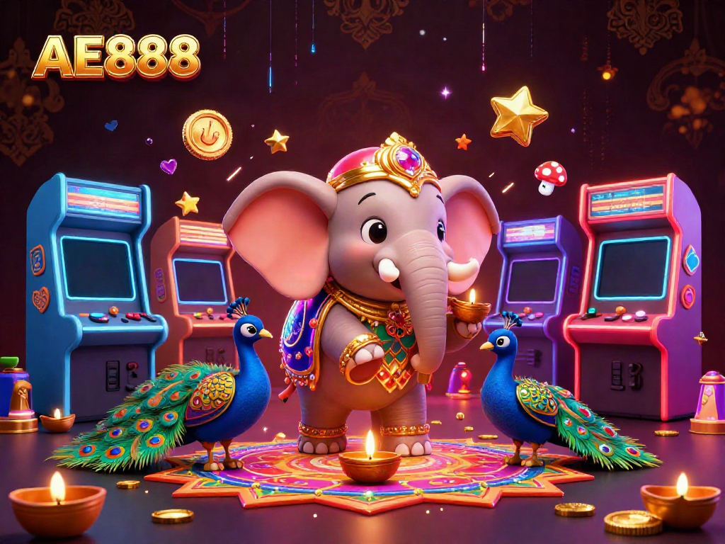 Experience the vibrant excitement of AE888 with cartoon characters amidst dynamic gaming elements.