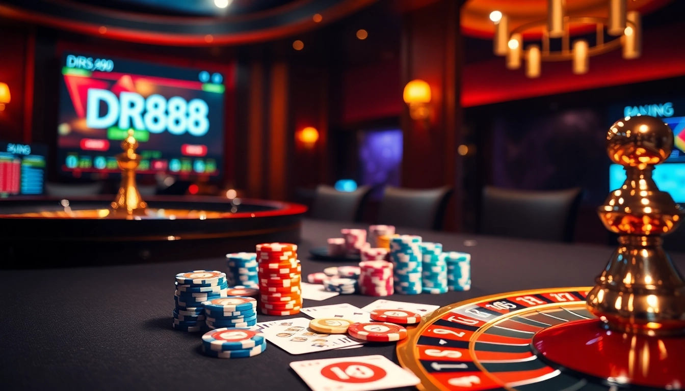 Gambler enjoying poker with DR88 chips, cards, and a roulette wheel.