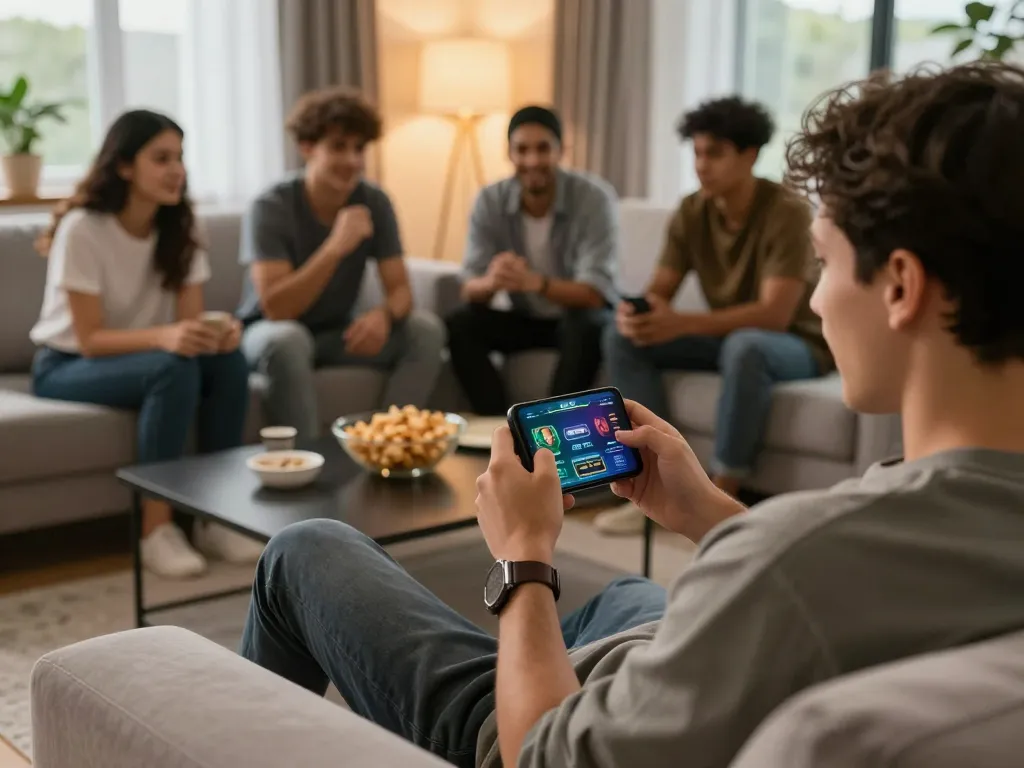 Person excitedly placing bets on open88ss gaming app in a vibrant home setting