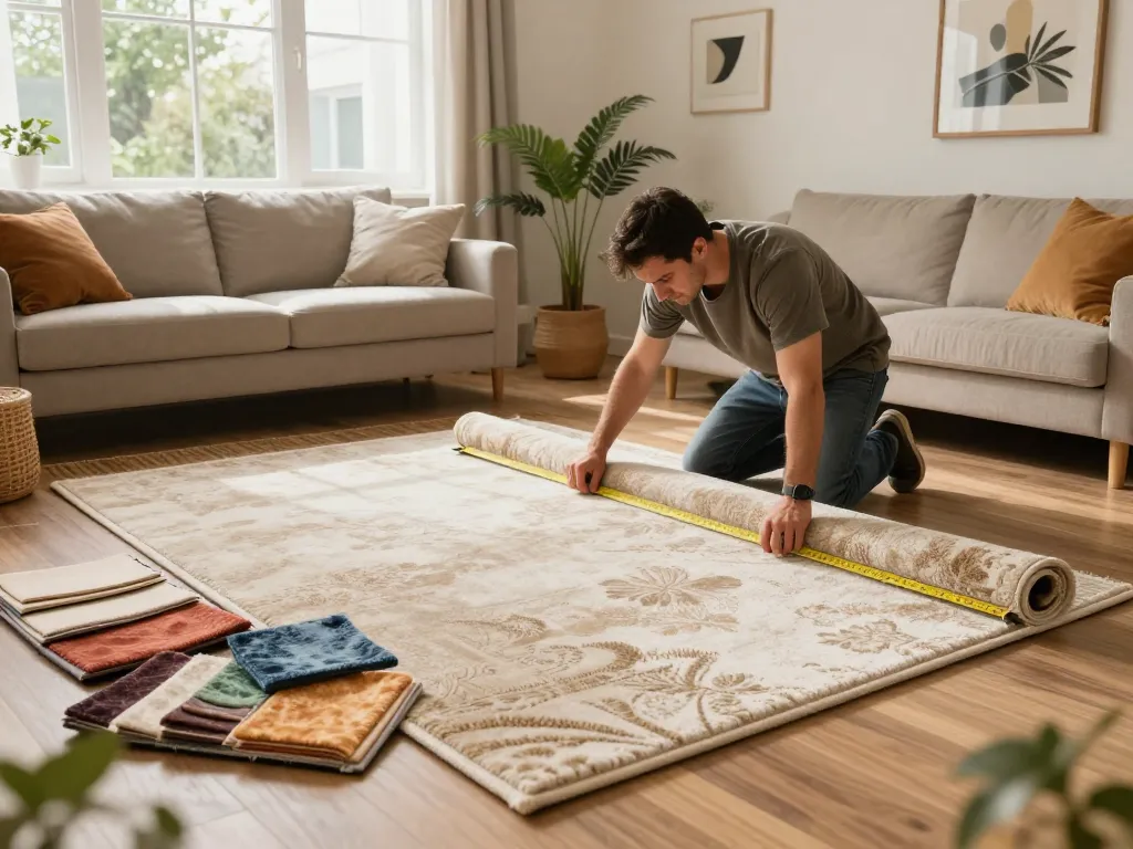 Residential carpet installation in a modern living room with an installer measuring carpet and colorful samples.
