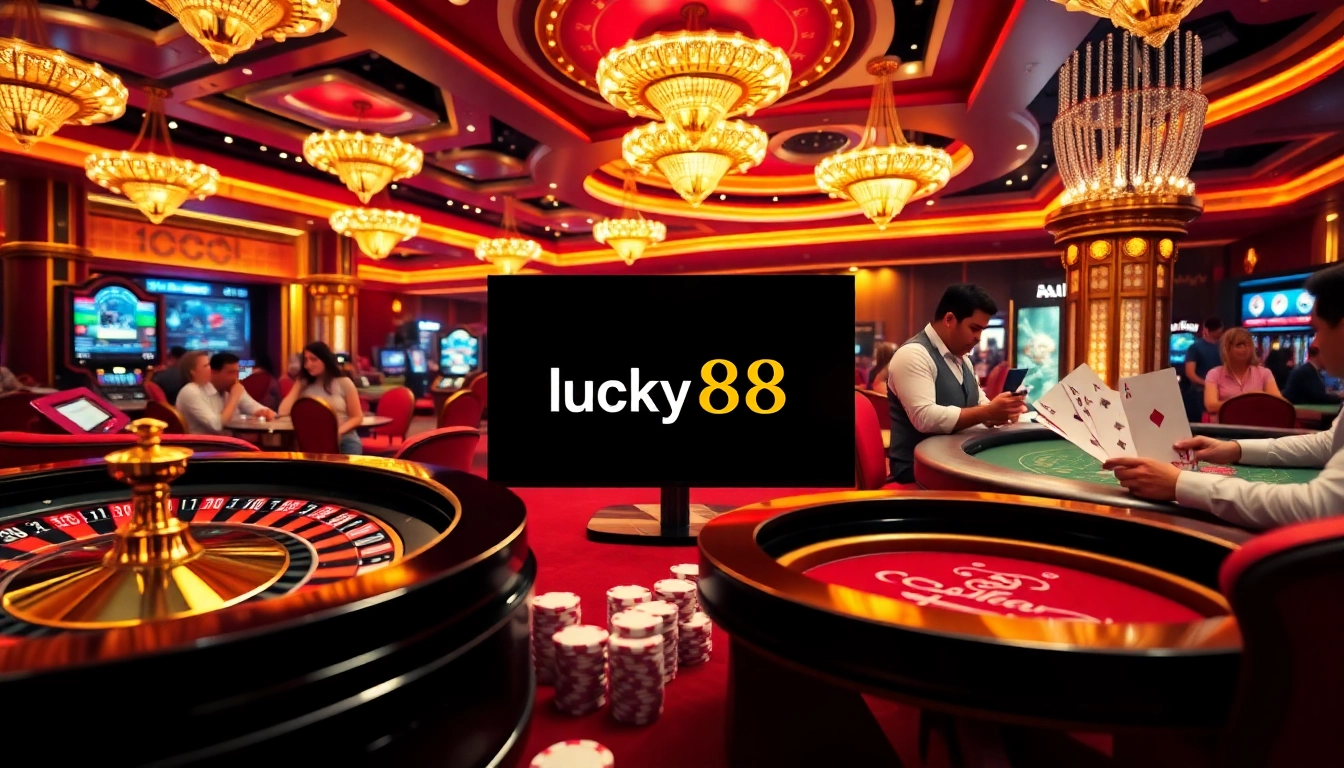 Experience the excitement of lucky88 with vibrant casino tables and gambling elements in a luxurious setting.