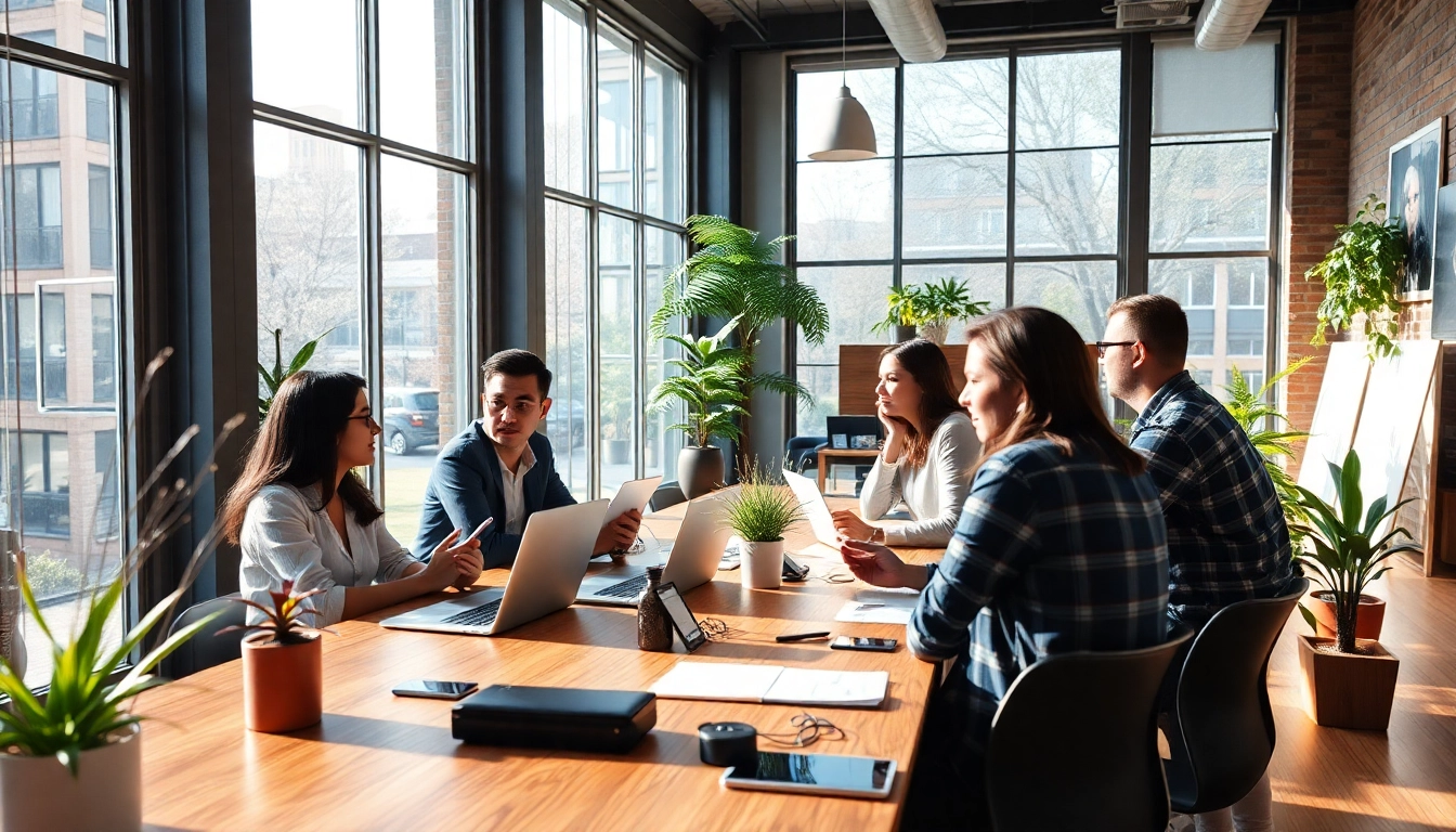 Engaging workspace of a website design agency featuring a collaborative team at work.