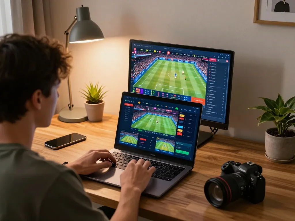 Xoilac TV user engaged in sports betting at home, laptop displaying live game interface with strategic betting options