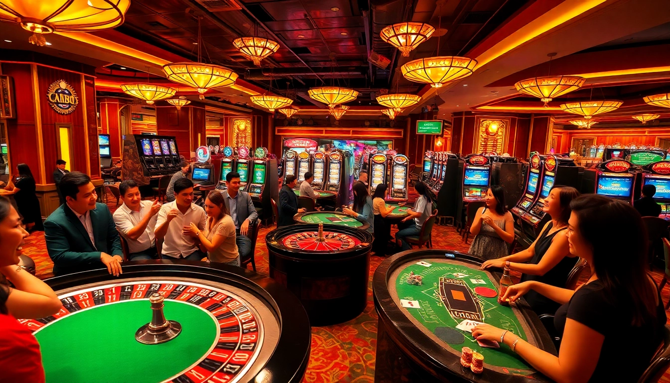 Experience the thrill of gambling with fb88.com at the vibrant casino, showcasing poker tables, roulette, and slot machines.