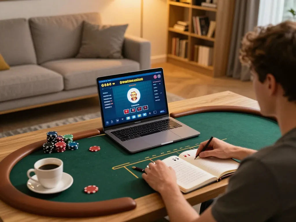 Engaged player participating in live poker with 99wincasino on laptop, showcasing a comfortable gaming atmosphere.