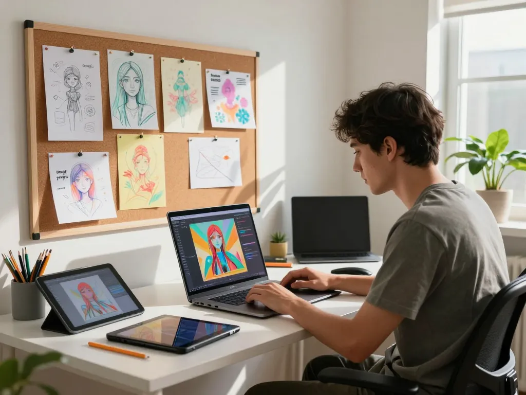 Image prompt generation in a creative workspace showcasing an artist with vibrant artwork.