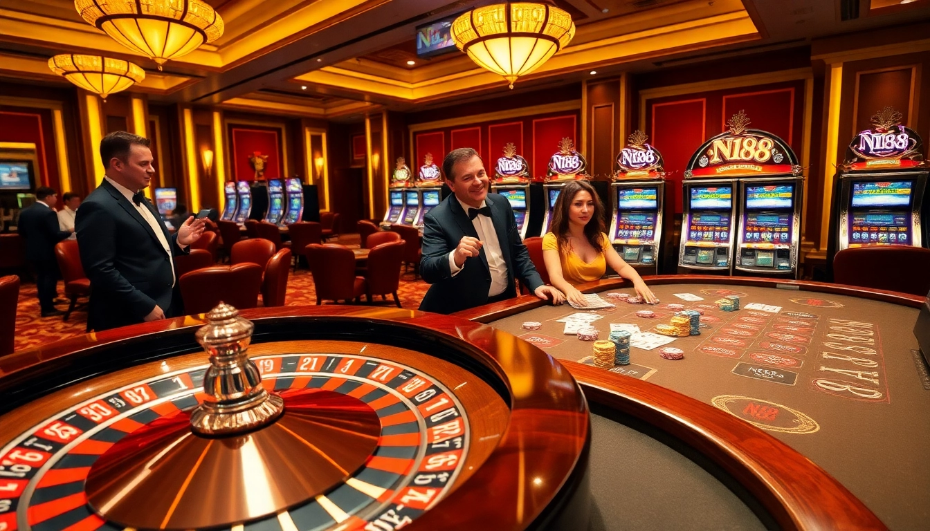 Engaged players enjoying a poker game with vibrant casino elements featuring N188.
