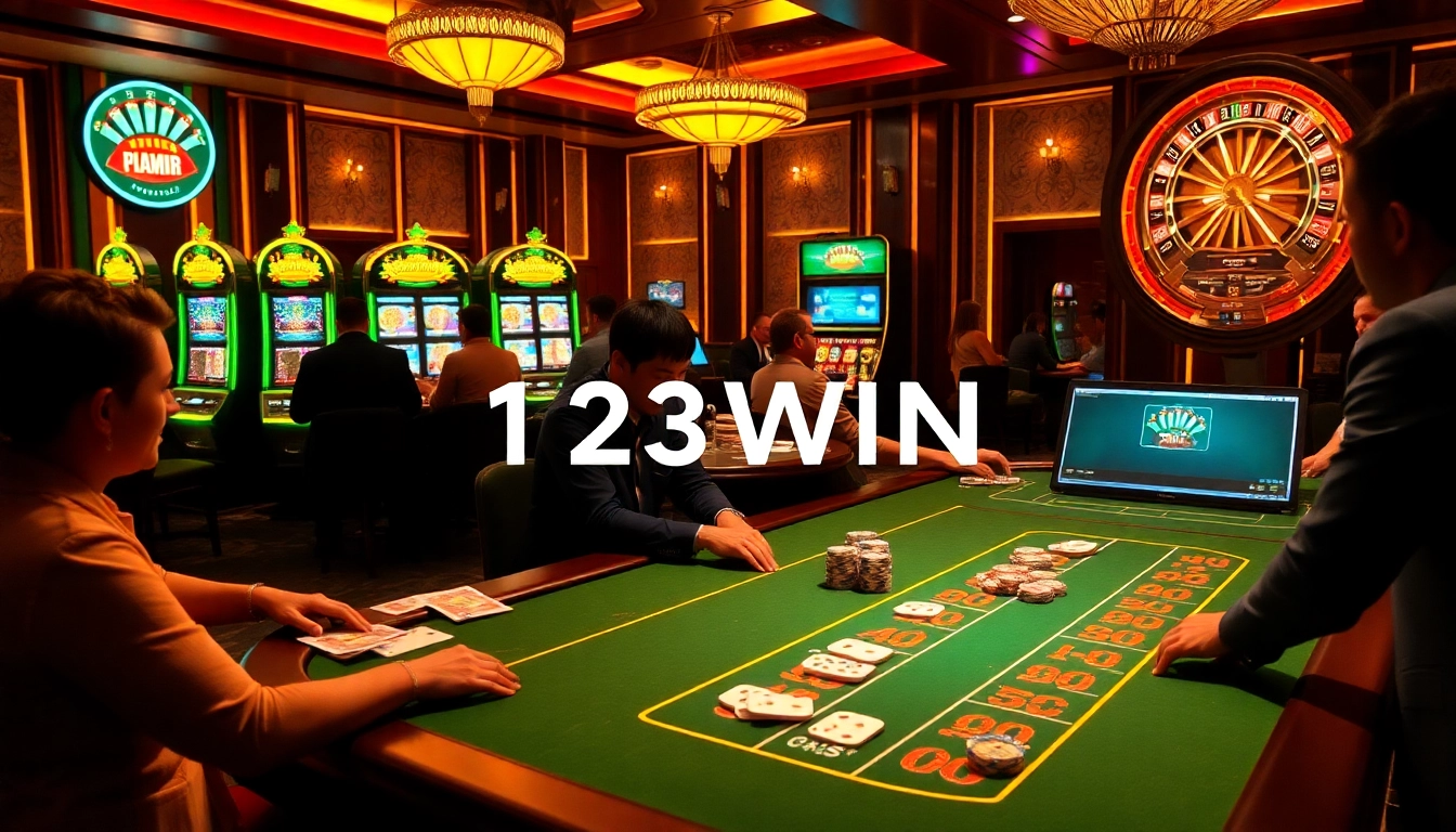 Exciting gambling scene at 123WIN casino featuring poker table, slot machines, and roulette wheel.