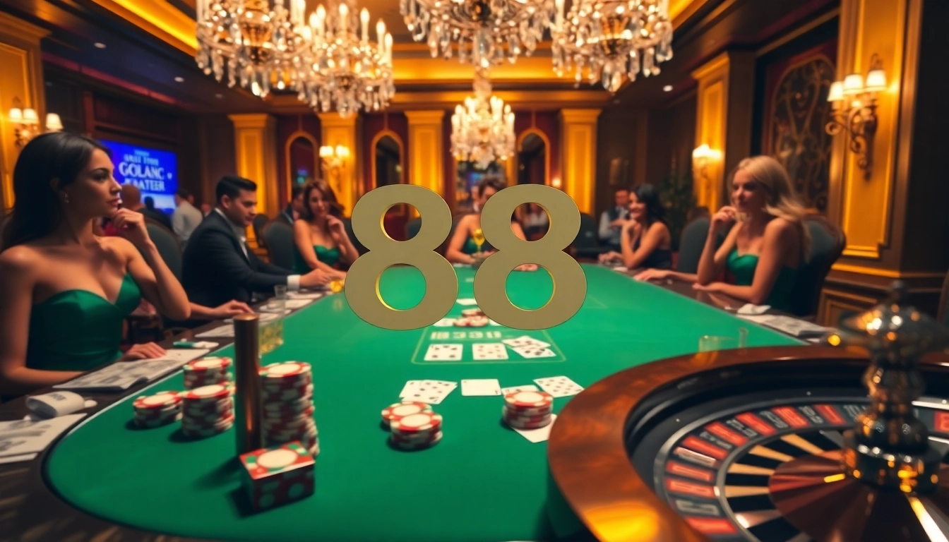 Players strategizing in a poker game at a lavish casino with chips and cards highlighting 88i.