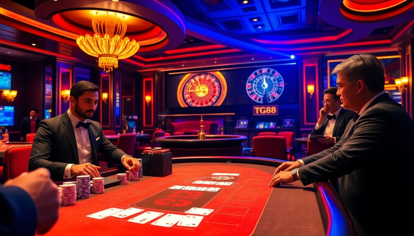 Players at a TG88 poker table strategizing for big wins in a vibrant casino atmosphere.
