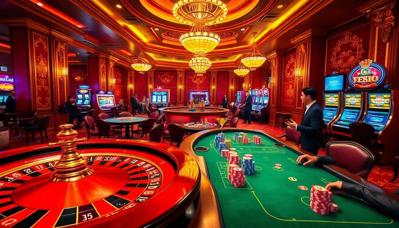 Experience high-stakes excitement at EE88 casino with vibrant poker tables and roulette wheels.