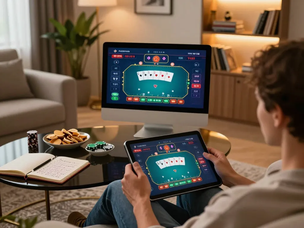Kuwin player enjoying a poker game on a tablet in a cozy home environment.