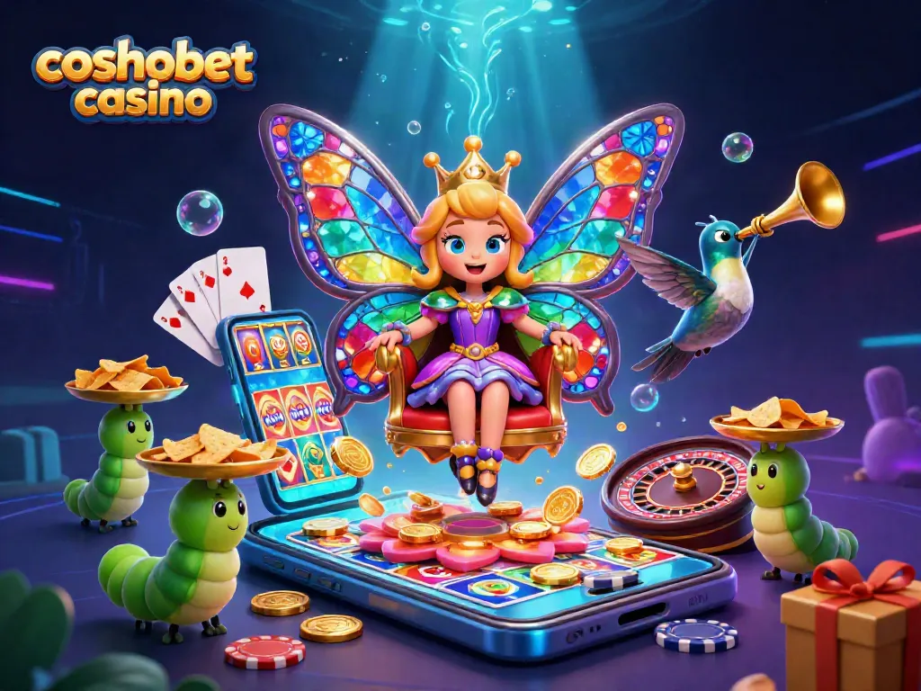 Experience the excitement of cosmobet casino with the butterfly queen and vibrant game elements.